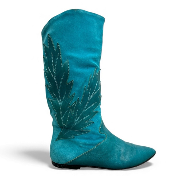 Vintage Shoes - Vintage 70s 80s turquoise Italian suede leather applique mid calf flat boots 8